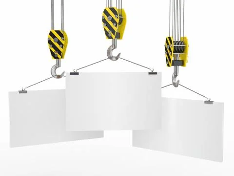 Crane hooks with empty boards on white background. 3d Stock Illustration