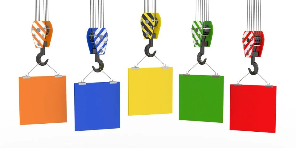 Crane hooks with empty boards on white background. 3d Stock Illustration