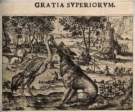 A crane inserts its beak into the mouth of a wolf; illustrating Aesop's fab.. Stock Illustration