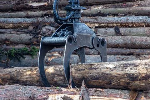 A crane with jaws loads trunks of tree on a stack Stock Photos