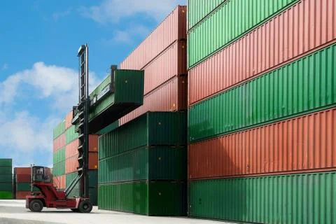 Crane lift up container box loading to container depot use for cargo import,  Stock Photos