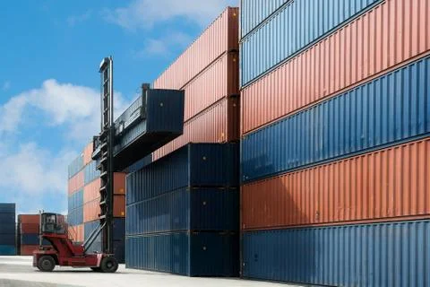 Crane lift up container box loading to container depot use for cargo import,  Stock Photos