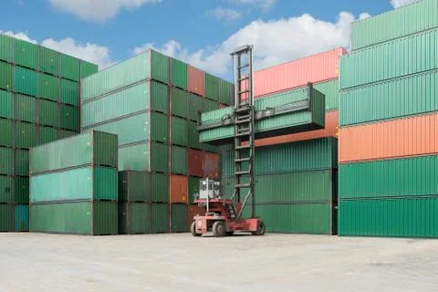 Crane lift up container box loading to cargo caontainer depot use for logisti Stock Photos
