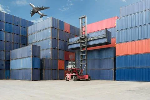 Crane lift up container box loading to cargo caontainer depot use for logisti Stock Photos