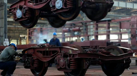 Crane lifted and transported a part of rail vehicles Stock Footage