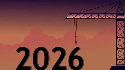 Crane lifting 6 to complete 2026 at sunset animation, Concept animation for.. Vídeos de archivo 328216173