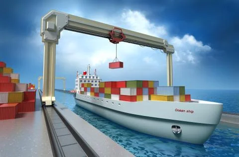 Crane lifting cargo container and loading the ship. My Own Design Stock Illustration