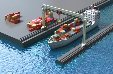 Crane lifting cargo container and loading the ship Stock Illustration