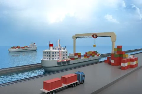 Crane lifting cargo container and loading the ship Illustrazione stock