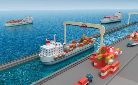 Crane lifting cargo container and loading the ship Stock Illustration