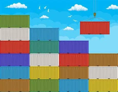 Crane lifting cargo container from large stack Stock Illustration