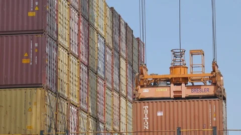 Crane lifting container and from ship with cargo 4k  Video stock 115939336
