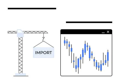 Crane lifting a container labeled Import next to a financial chart with blue  스톡 일러스트