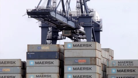Crane lifting container onto ship Stock Footage 91229962