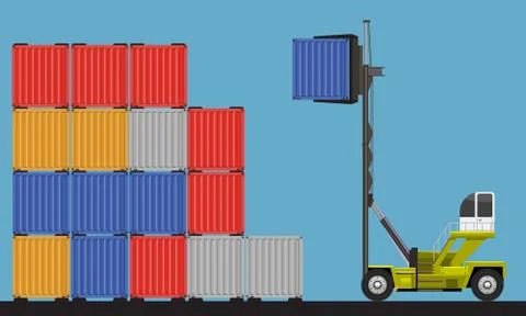 Crane lifting up container in yard. Flat and solid color design イラスト素材