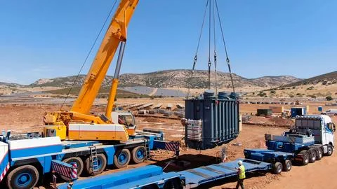 Crane lifting process for the installation of transformers and electrical c.. Stock Photos