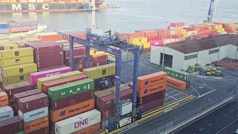 Crane lifts MSC container at La Spezia terminal, viewed through ship window Stock Footage 342579268