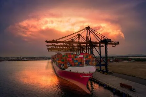 Crane loading cargo container to container ship in the international terminal Stock Photos