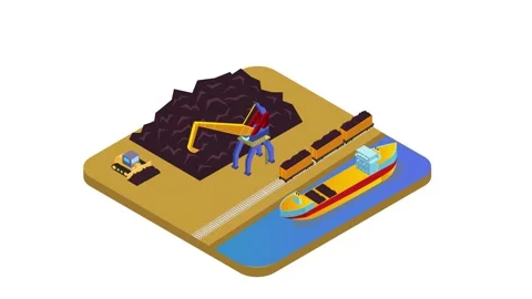 Crane loading coal to train and barge ship at port Video stock 156528869
