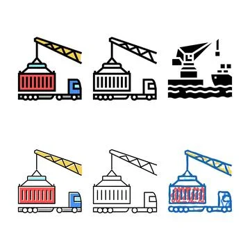 Crane loading container on styleset truck in port color icon vector Stock Illustration