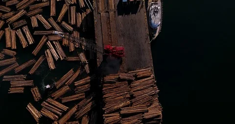 Crane Loading Logs Onto Barge Stock Footage 91397837