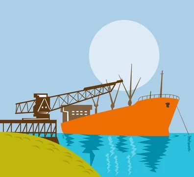 Crane loading ship in the water retro style Illustration of a crane loadin... Stock Photos