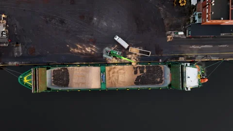 Crane loading wood chip onto barge at industrial port paer mill Stock Footage 297055928