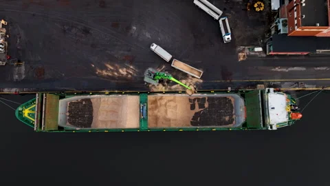 Crane loading wood chip onto barge at industrial port Stock Footage 297057383