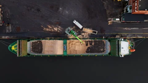 Crane loading wood chip on to cargo ship at industrial port paper mill Stock Footage 297055639