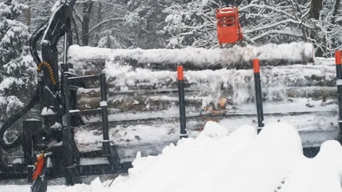 A crane loads logs into a trailer in a winter forest while it's snowing Stock Footage 169548959