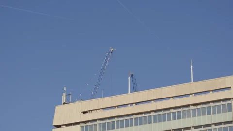 Crane Looming Over Building Constructing New Real Estate. Stock Footage 333634935