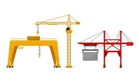 Crane as Machine for Lifting and Lowering Materials Vector Set Stock Illustration