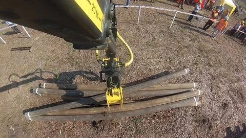 Crane-manipulator carries the log. View from the boom crane Stock Footage 97578332
