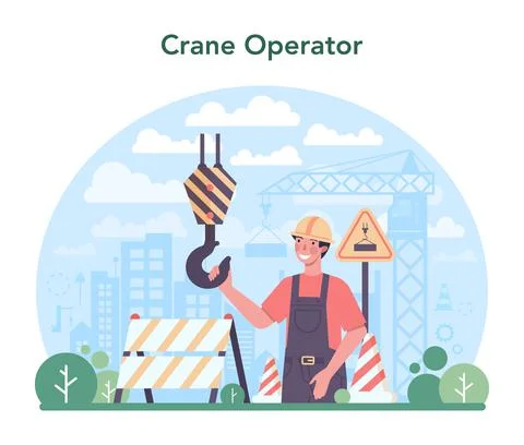 Crane operator concept. Industrial builder at the construction site Illustrazione stock