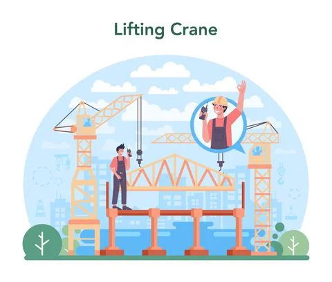 Crane operator concept. Industrial builder at the construction site Illustrazione stock