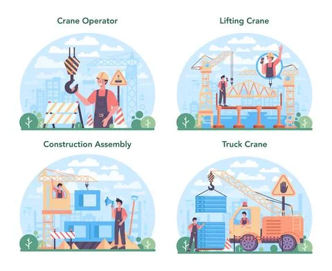Crane operator concept set. Industrial builder at the construction site 스톡 일러스트