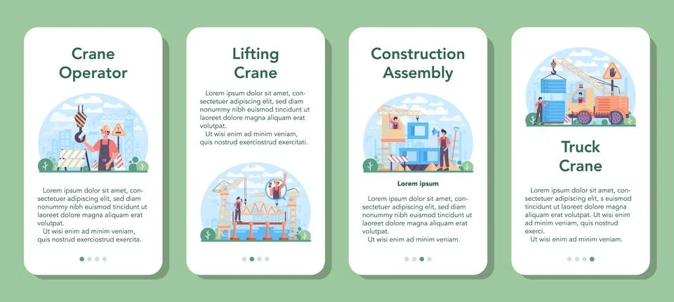 Crane operator mobile application banner set. Industrial builder Illustrazione stock