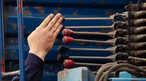 Crane Operator move Excavator control handlebars Stock Footage 61495963