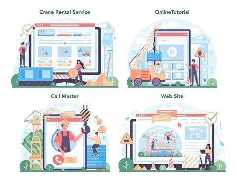 Crane operator online service or platform set. Industrial builder Illustrazione stock
