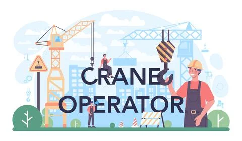 Crane operator typographic header. Industrial builder at the construction site Illustrazione stock
