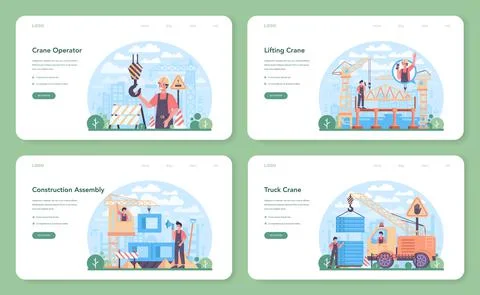 Crane operator web banner or landing page set. Industrial builder Stock Illustration