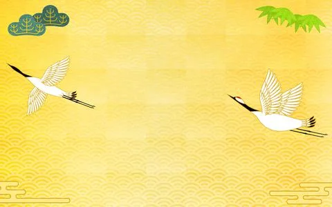Crane, Pine and Bamboo Gold Leaf Japanese Background Stock Illustration