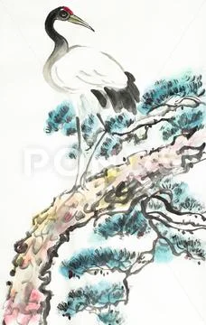 Crane on pine branch Stock Illustration