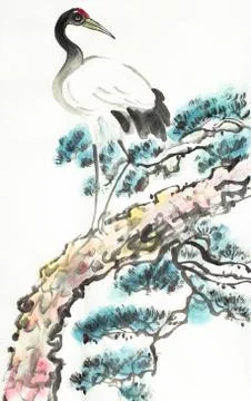 Crane on pine branch Stock Illustration