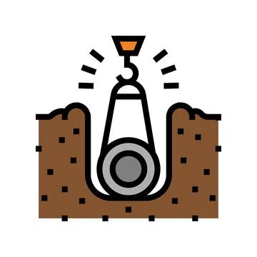 Crane putting pipe in pit pipeline construction color icon vector illustration Stock Illustration