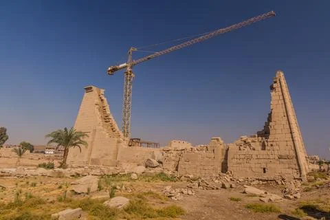 Crane renovating the Karnak Temple Complex, Egypt Stock Photos