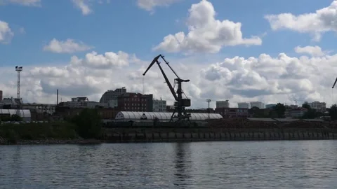 Crane in the river port, view from the river. Stock Footage 159752572