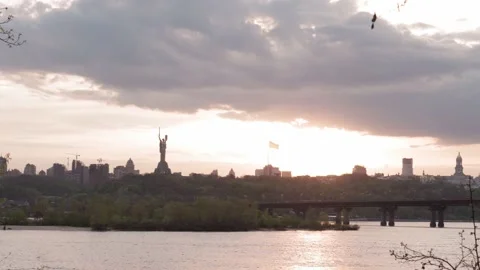 Crane Ship Sails On River At Sunset. Boat Float On Dniepr River Kiev Spring Stock Footage 154667898