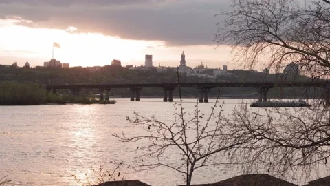 Crane Ship Sails On River At Sunset. Boat Float On Dniepr River Kiev Spring Stock Footage 154709898