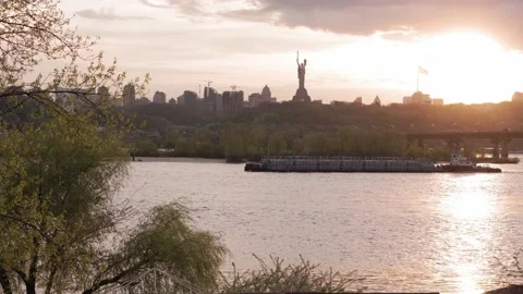 Crane Ship Sails On River At Sunset. Boat Float On Dniepr River Kiev Spring Stock Footage 154780646